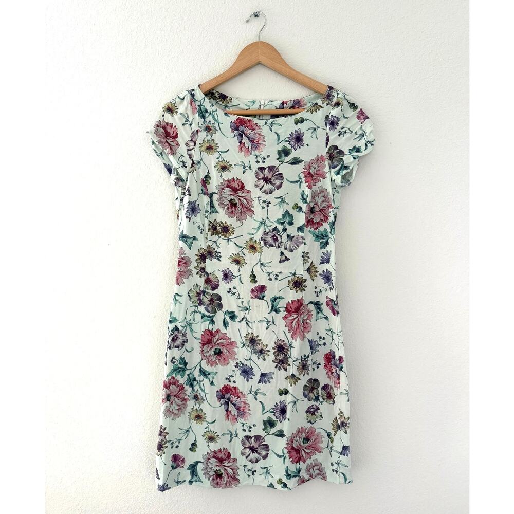 Zara Basic Floral Cottagecore Mini Shift Dress Pink Mint Made in Spain Size XS